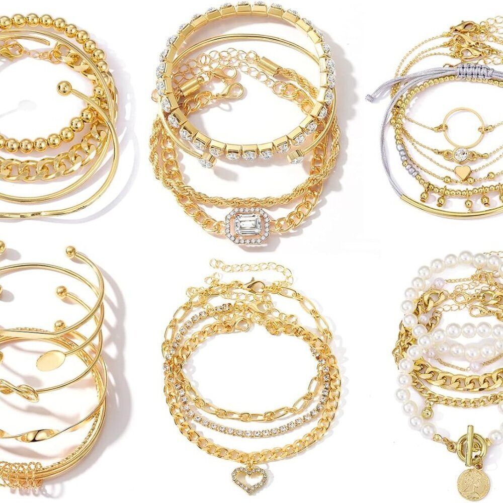6 PACK 24 PCS Boho Gold Chain Bracelets Set for Women, 14K Gold Plated Multiple